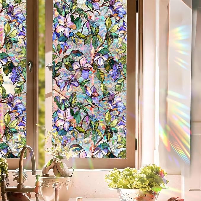 Purple Flower Window Privacy Films, Stained Glass Rainbow Floral Window Sticker by Aomkmi