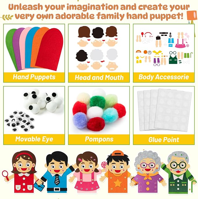 WATINC 6Pcs Hand Puppet Making Kit, Art Craft Felt Sock Puppet Toys, Creative - Image 3