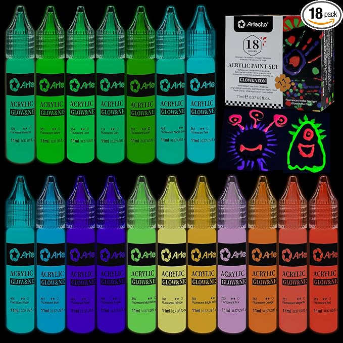 Artecho Glow in the Dark Acrylic Paint Set – 18 Colors x 11ml | Non-Toxic by Artecho