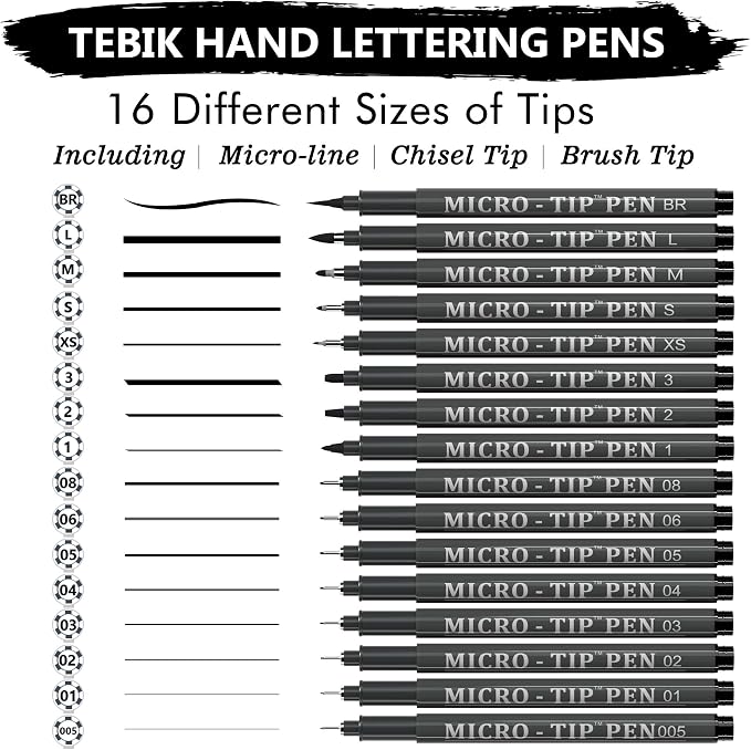Tebik 16 Pack Calligraphy Pens, Hand Lettering Pens, Brush Markers Black Ink - Image 2