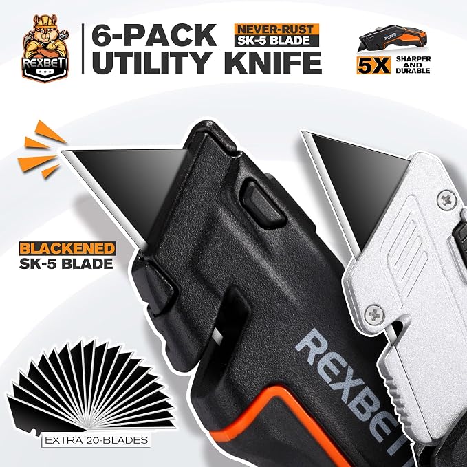 REXBETI 6 Pack Retractable Folding Utility Knife, SK5 Heavy Duty Box Cutter - Image 2