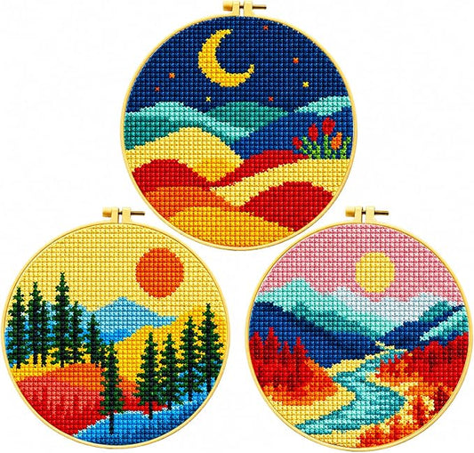 Zhenqing Sun Moon Landscape Stamped Cross Stitch Kit, 3 Pack 11CT Printed by ZhenqingHomeFlagship