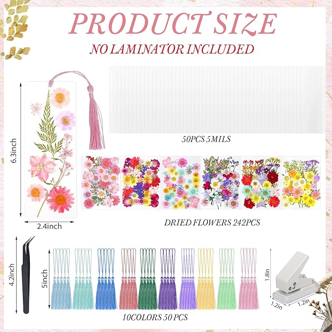 kmfosaat 344 Pcs Pressed Flower Bookmark Making Kit, 50 Laminating Pouches - Image 2