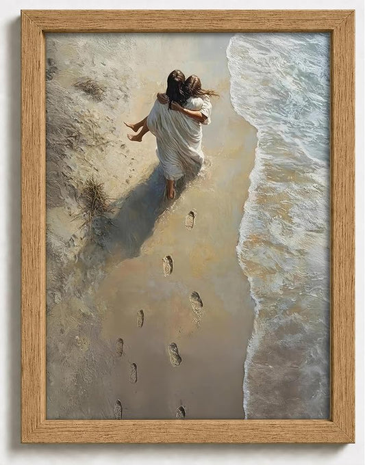 Framed Jesus Holding Woman Canvas Print.Footprints in The Sand Wall Art.Wood by YOXORDQwallart