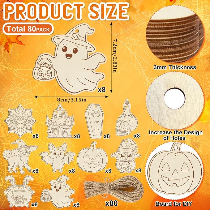 80PCS Wooden Halloween Ornaments to Paint Fall Decorations, 10 Styles DIY Blank - Image 5