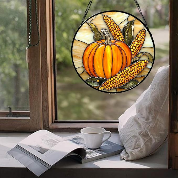 DASTOLL Stained Glass Window Hanging Autumn Harvest Pumpkin Corn Large 15" - Image 5