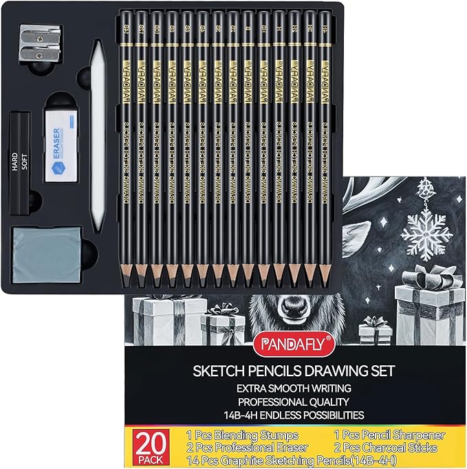 PANDAFLY Drawing Sketching Pencil Set, 20 Piece, 4H-14B Graphite Pencils | Pro by PANDAFLYArtSupplies