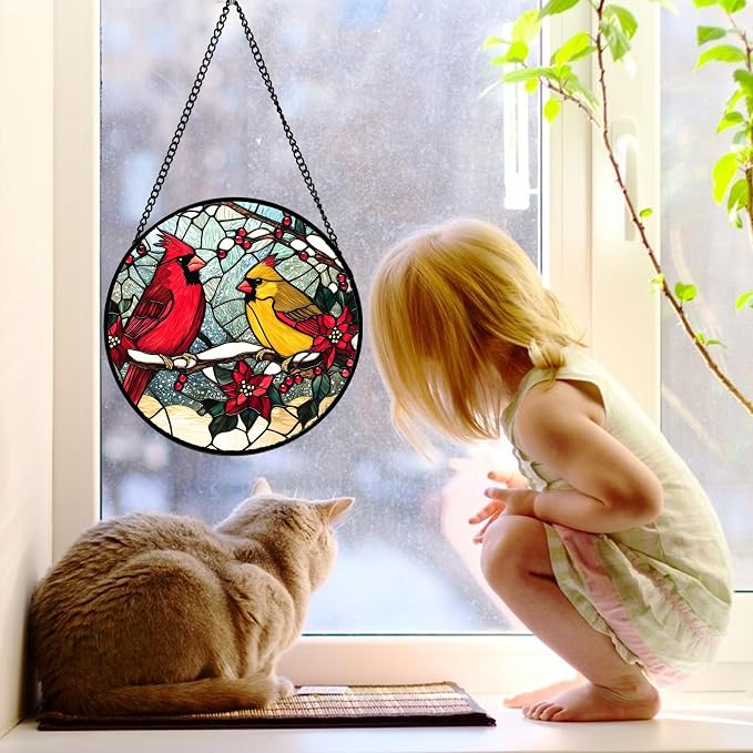 DASTOLL Stained Glass Window Hanging, Love Birds Cardinals Sun Catchers - Image 4