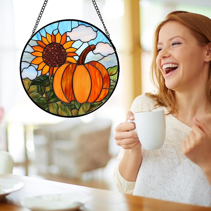 DASTOLL Stained Glass Window Hanging Fall Farm Scenery Sunflower Pumpkin Large - Image 4