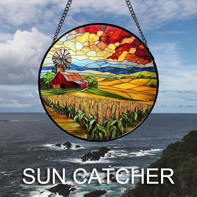 Stained Glass Window Hanging Autumn Farm Corn Harvest Landscape 7.8" - Image 6