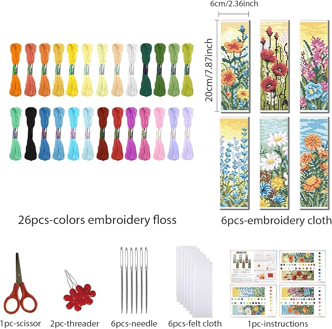 FREEBLOSS 6 Set Cross Stitch Bookmark Kit Wild Flowers Pattern Stamped Cross - Image 2