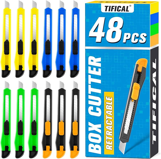 48 Pack 9mm Box Cutter Retractable Utility Knife, Razor Knife by TIFICAL