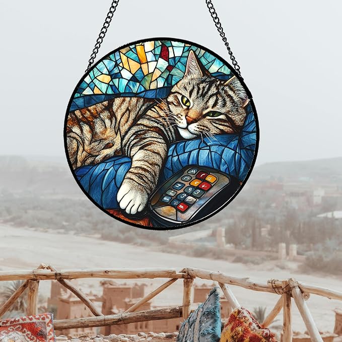 DASTOLL Stained Glass Window Hanging Gray Cat and Remote Control 6.3" - Image 5