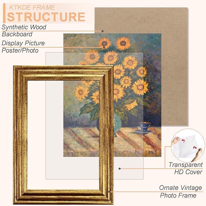 KTKDE 11x17 Picture Frame Set of 2, Ornate Vintage Gold Poster Frames - Image 2