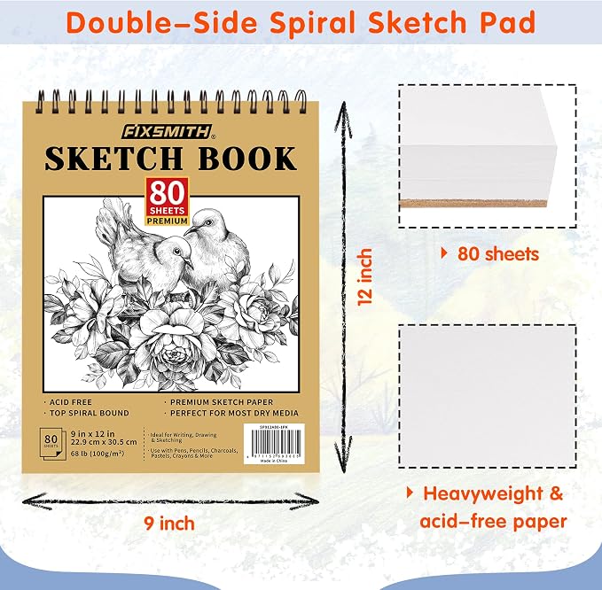 FIXSMITH 9"X12" Sketch Book | 80 Sheets Sketchbook | Top Spiral Bound Artist - Image 4