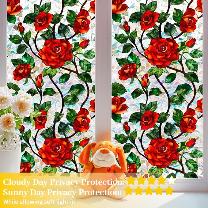 Bloss Rose Stained Glass Windows Film, 35.4x78.7inch 3D Flower Privacy Window - Image 5