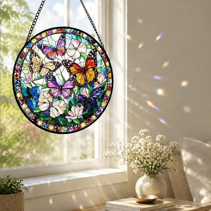 Butterfly Flower Acrylic Suncatcher Faux Stained Glass Window Hanging 6.3" | - Image 6