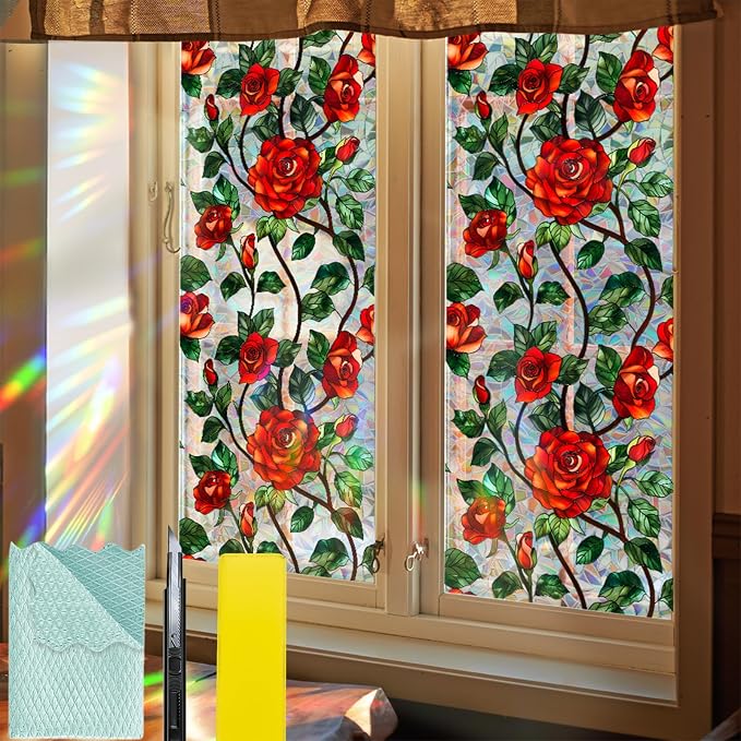 Bloss Rose Stained Glass Windows Film, 23.6x118 inch 3D Flower Privacy Window by Bloss