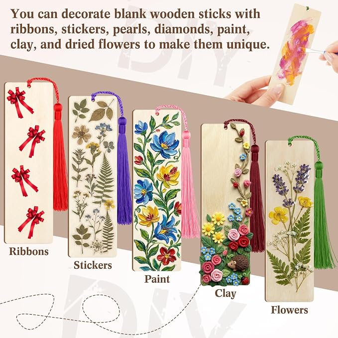 Yexiya 300 Pcs Bookmark Making Kit, 150 Unfinished Wood Bookmarks - Image 5