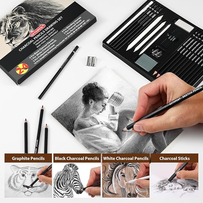 GETHPEN Drawing Sketching Pencil Set, Graphite 12B-4H Charcoal Pencils - Image 5