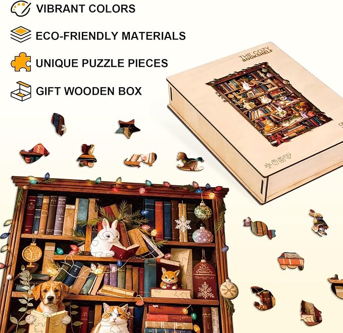 Animal Cozy Bookshelf Puzzles Adults Gifts Wooden 150 Pieces 11.4 * 7.2in - Image 2
