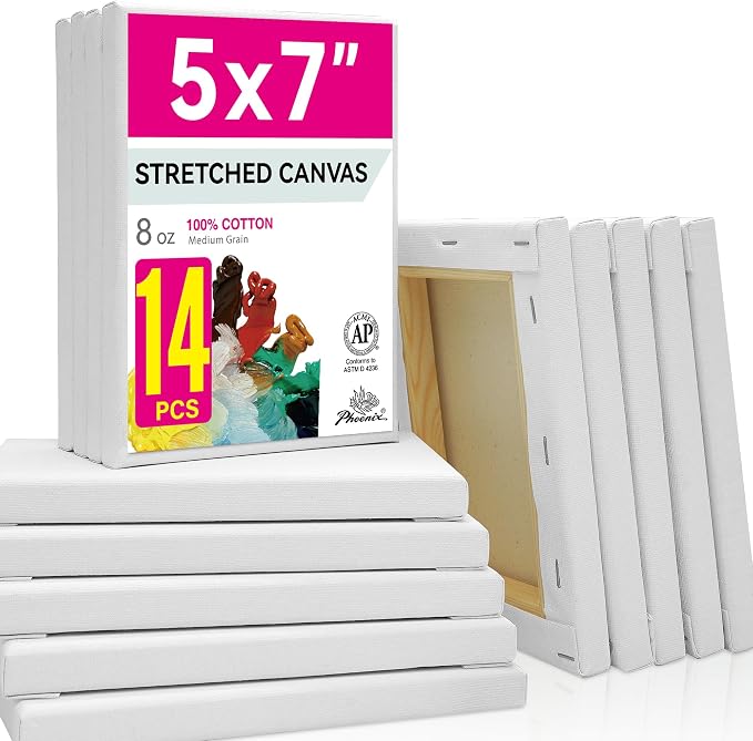 PHOENIX Stretched Canvas for Painting 5x7 Inch/14 Bulk Pack, 8 Oz Triple Primed by PHOENIX