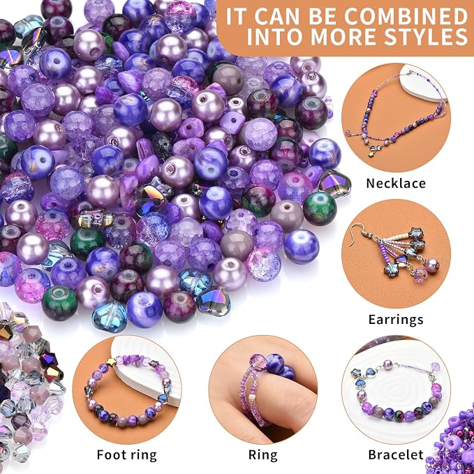 Assorted Beads Bracelet Making Supplies, Lavender Violet Beads-900pcs: Glass - Image 3