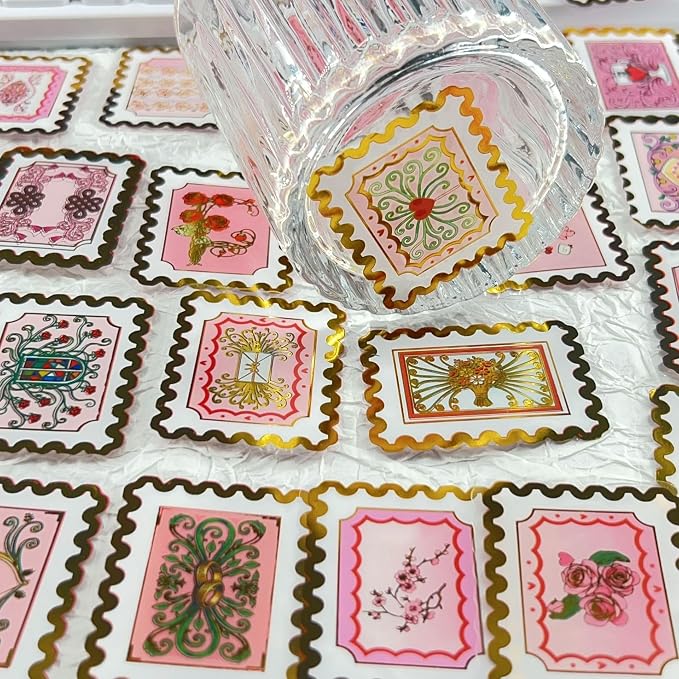 50 PCS Cartoon love stamps Stickers Aesthetic PET Stickers Gold Stamp Decal - Image 6