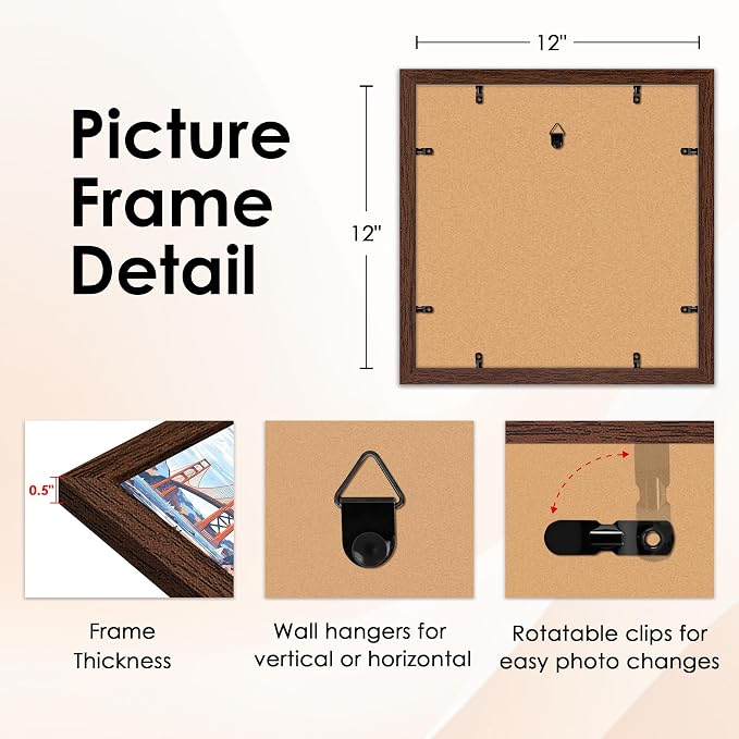 FIXSMITH 12x12 Picture Frame Brown Set of 2, Photo Frame - Image 3