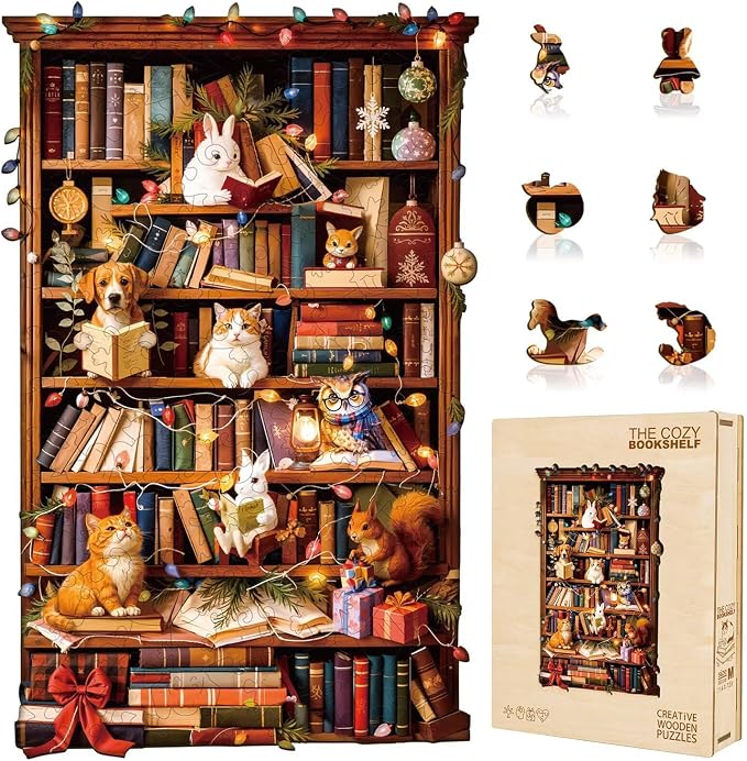 Animal Cozy Bookshelf Puzzles Adults Gifts Wooden 200 Pieces 13.4 * 8.5in by Jollitot