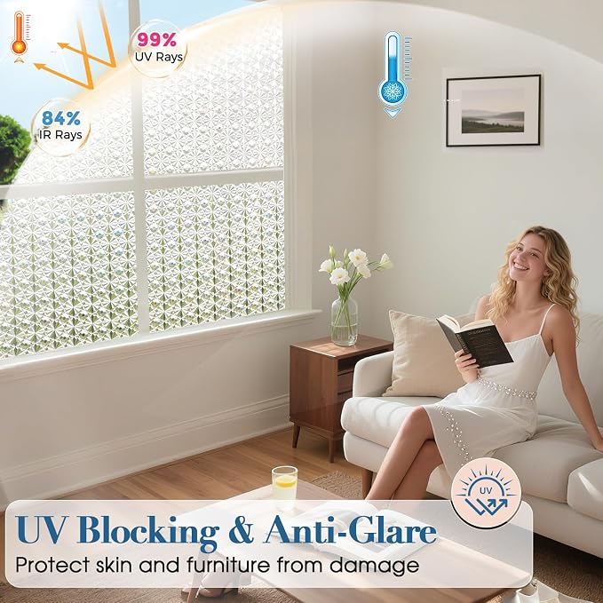 Windimiley Frosted Glass Window Privacy Film, 3D Diamond, 23.6" x 393.7" | - Image 5