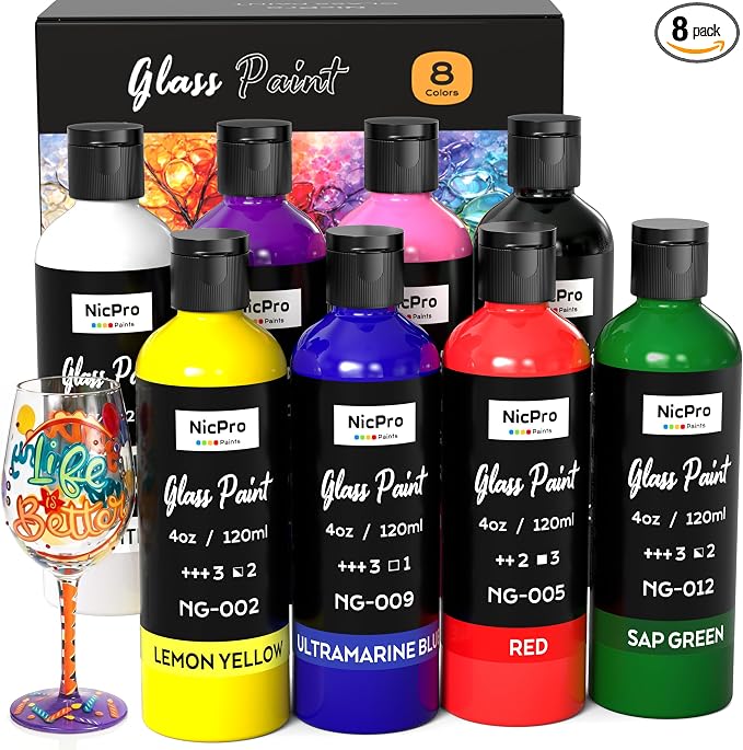 Nicpro 8 Colors Stained Glass Paint Set, 4oz / 120ml Waterproof Acrylic Enamel by Nicpro