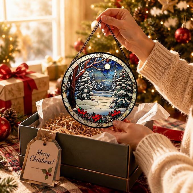 Cedar Snowscape Acrylic Suncatcher Faux Stained Glass Window Hanging 7.8" | - Image 4