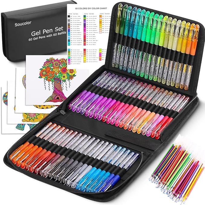 Soucolor 120 Pack Gel Pen 60 Glitter & 60 Refillss by Soucolor