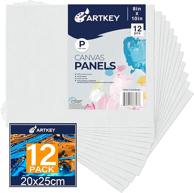 Artkey Canvas Boards for Painting 8x10 Inch 12 Pack, 10 oz Primed 100% Cotton by Artkey