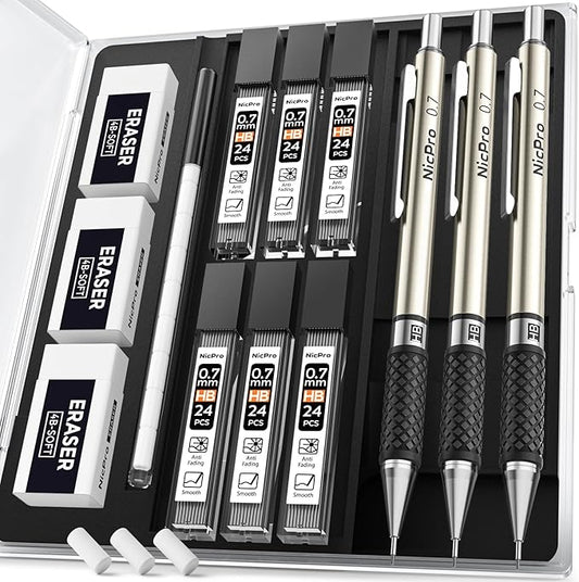 Nicpro 0.7 mm Art Mechanical Pencil Set in Storage Case, 3 Erasers by Nicpro