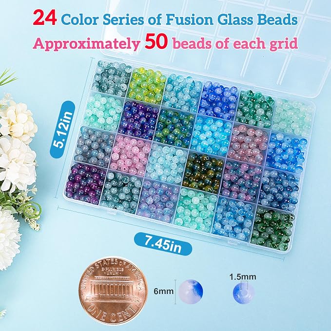 XSEINO About 1200+ pcs 6mm Glass Beads Bracelet Making Kit, 24 Assorted Blue - Image 2