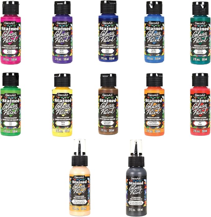 DecoArt Stained Glass Acrylic Paint Combo Set – 10 Colors + 2 Liquid by DecoArtAcrylicPaintCraftSupplies