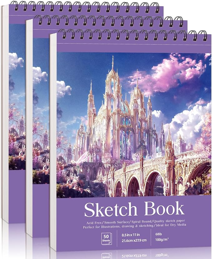 Prudiut Sketch Book 3 Pack, 8.5X11In Violet Spiral Bound Sketch Pad, 50 Sheets by Prudiut