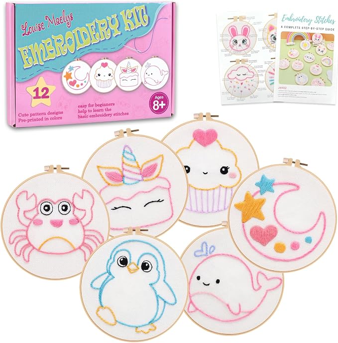 Louise Maelys Embroidery Kit for Beginners, 12 Packs Pre-Printed DIY Sewing by LouiseMaelys