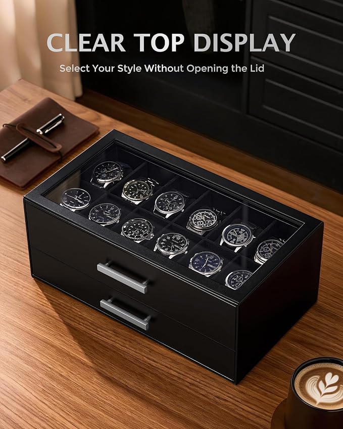 ProCase 12-Slot Watch Case for Men, 2-Tier Pull-Out Drawers Box -Black | - Image 3