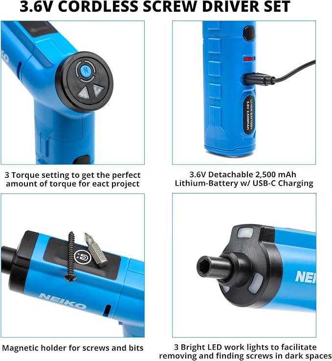 NEIKO 10580A Electric Screwdriver, 1/4” Hex Shank 3.6V Lithium Ion Power - Image 4