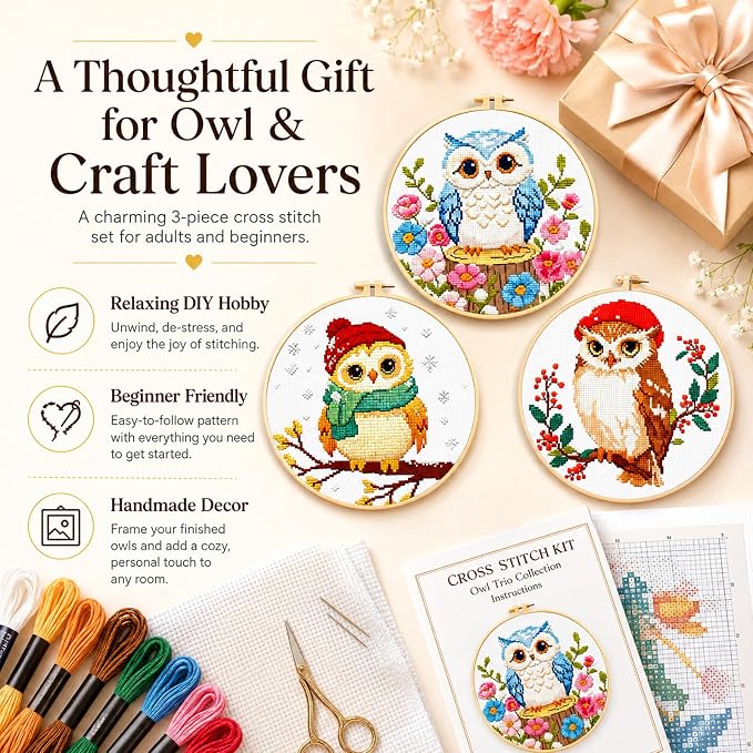 Zhenqing 3-Piece Owl Cross Stitch Kit Stamped Embroidery Kit 11CT Printed Aida - Image 9