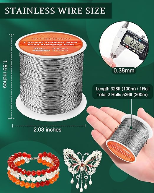 FIVEIZERO 656FT 0.38mm 7 Strand Stainless Steel Beading Wire, 2 Rolls Nylon - Image 2