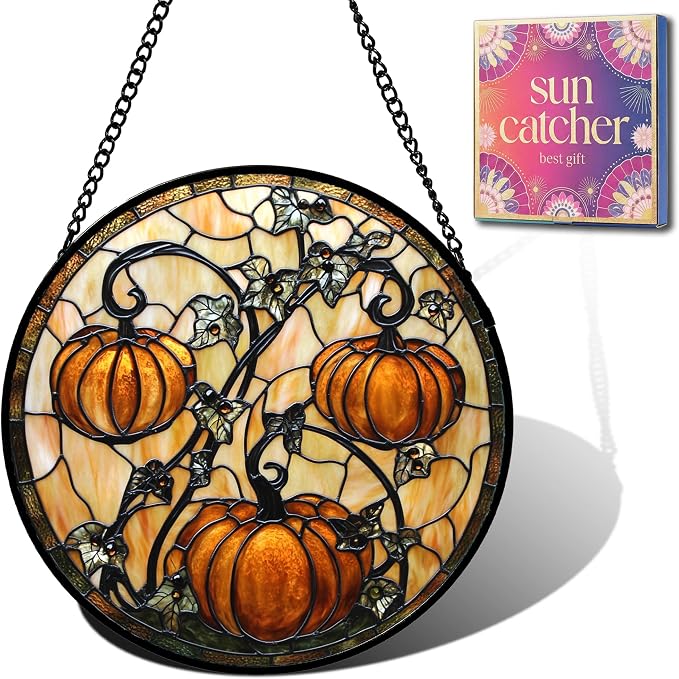 Orange Pumpkin Acrylic Suncatcher Faux Stained Glass Window Hanging 11.8" | by Unknown