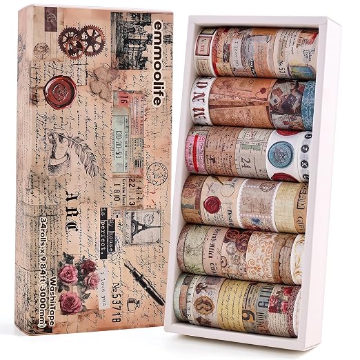 34 Rolls Vintage Washi Tape Set, Letter Map Stamp Stripe Literature Art by emmoolife