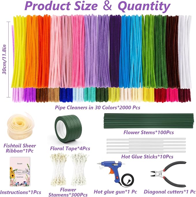 2000 PCS Pipe Cleaner Flower Kit, 30 Assorted Colors Pipe Cleaners Craft - Image 2