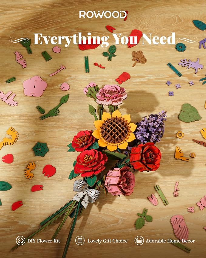 rowood 3D Puzzles for Adults, Mother's Day Wooden Artifical Flower Craft Kit - Image 6