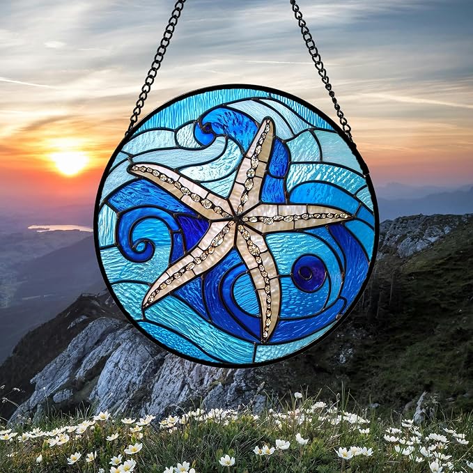DASTOLL Stained Glass Window Hanging 4 Pcs Set Blue Ocean Waves Large 15" - Image 3