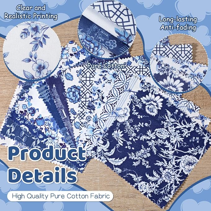 84 Pcs Blue White Floral Fabric Squares, 5″ Charm Packs - Image 3